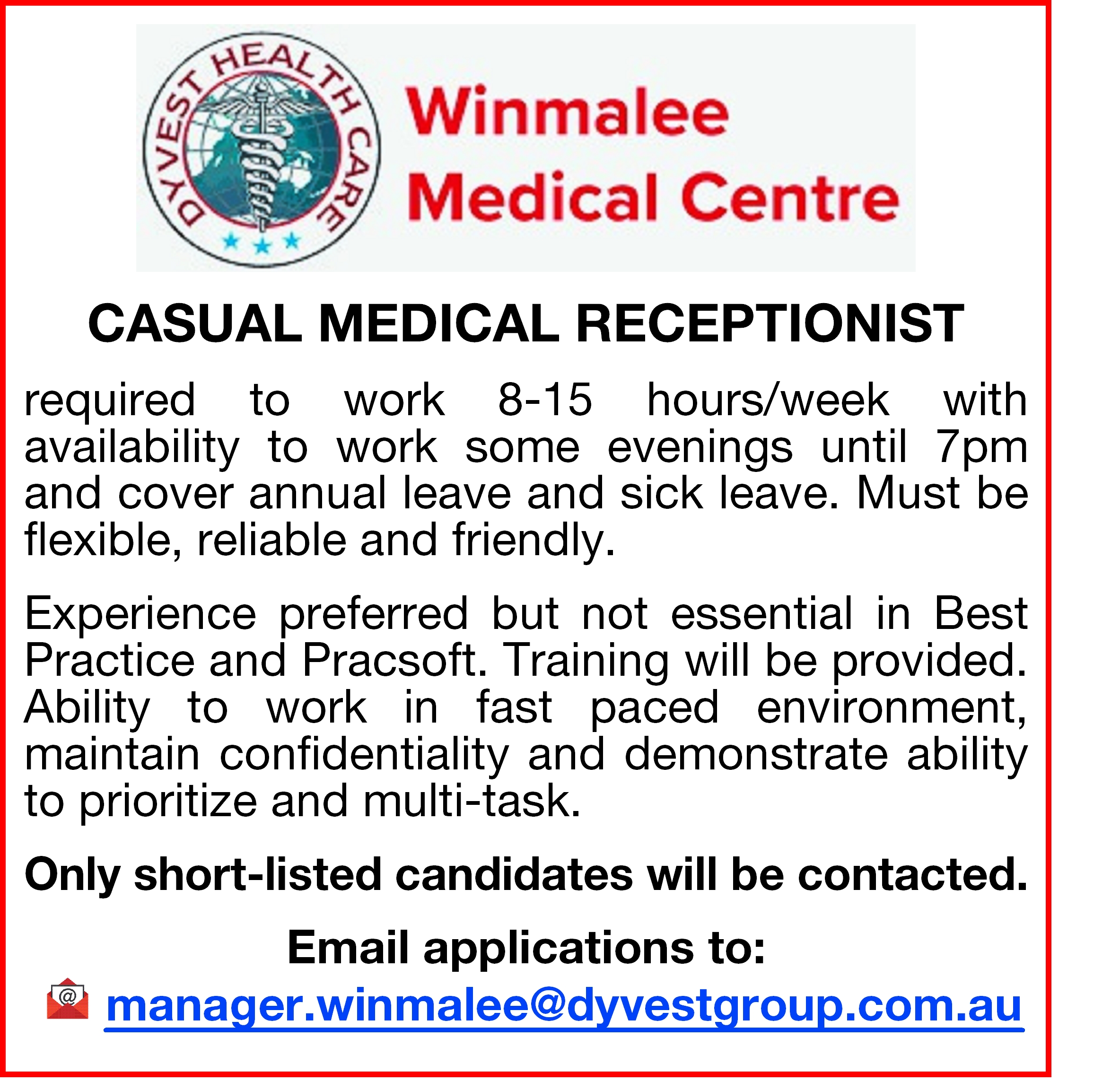 Casual Medical Receptionist - Image 1